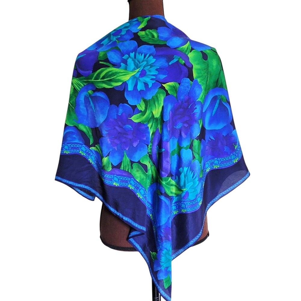 Women Silk Scarf Square 31 x 31 Navy Blue Green Flowers Shawl Neck Tie Purse Tie